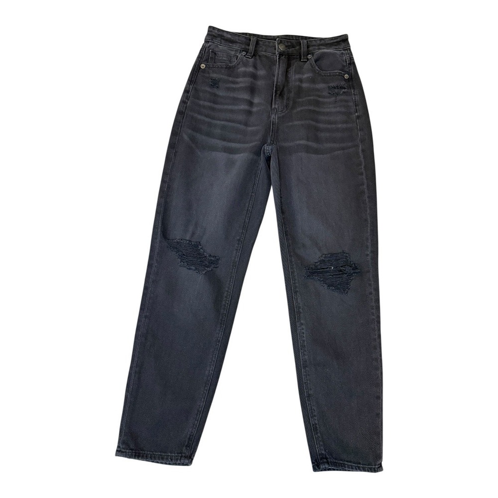 American Eagle Mom Straight Jeans Black Wash Distressed Denim Size 00 Short